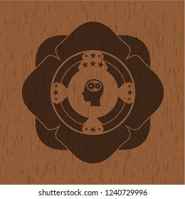head with gears inside icon inside realistic wood emblem