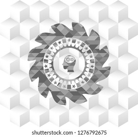 head with gears inside icon inside realistic grey emblem with cube white background