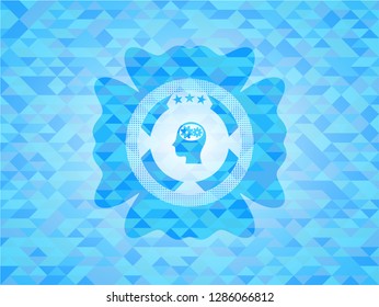 head with gears inside icon inside realistic light blue mosaic emblem