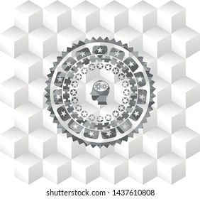 head with gears inside icon inside realistic grey emblem with cube white background