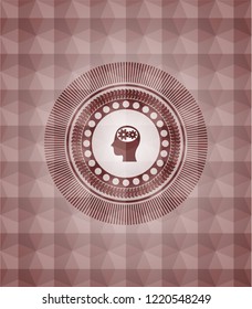 head with gears inside icon inside red seamless emblem or badge with abstract geometric polygonal pattern background.