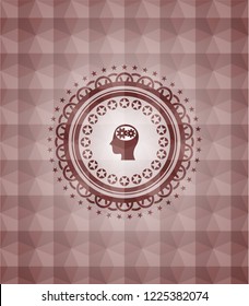 head with gears inside icon inside red badge with geometric pattern background. Seamless.