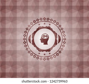 head with gears inside icon inside red seamless geometric badge.