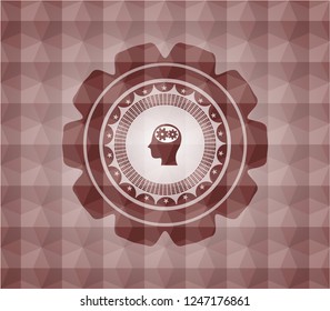 head with gears inside icon inside red badge with geometric background. Seamless.
