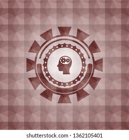 head with gears inside icon inside red emblem or badge with geometric pattern background. Seamless.