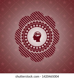 head with gears inside icon inside red emblem. Retro
