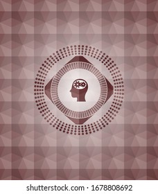 head with gears inside icon inside red seamless badge with geometric pattern.