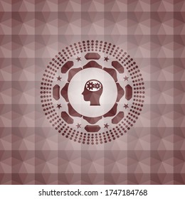 head with gears inside icon inside red seamless geometric emblem. 