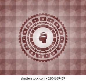 head with gears inside icon inside red seamless emblem or badge with abstract geometric polygonal pattern background. 