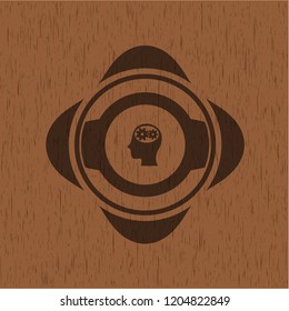 head with gears inside icon inside retro wooden emblem