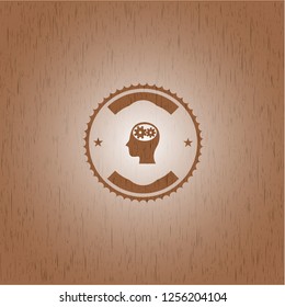 head with gears inside icon inside retro wooden emblem