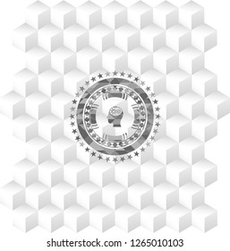 head with gears inside icon inside retro style grey emblem with geometric cube white background
