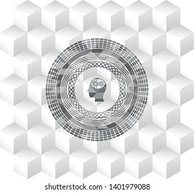 head with gears inside icon inside retro style grey emblem with geometric cube white background