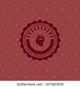 Kopf mit Zahnrädern im Inneren des roten Retro-Emblems
