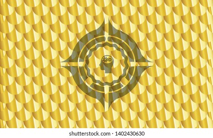 head with gears inside icon inside shiny golden emblem. Scales pattern. Vector Illustration. Detailed.