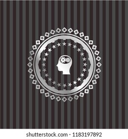 head with gears inside icon inside silver emblem or badge