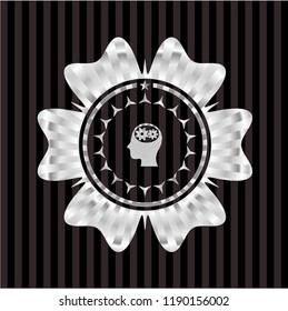 head with gears inside icon inside silver shiny badge