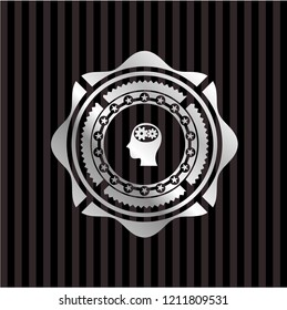 head with gears inside icon inside silver shiny emblem