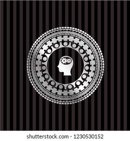 head with gears inside icon inside silver emblem or badge