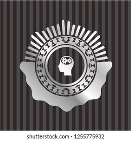 head with gears inside icon inside silver shiny badge