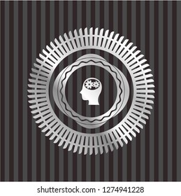 head with gears inside icon inside silver emblem