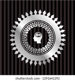 head with gears inside icon inside silver emblem