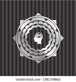 head with gears inside icon inside silver shiny badge