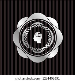 head with gears inside icon inside silvery shiny emblem