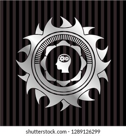 head with gears inside icon inside silvery badge