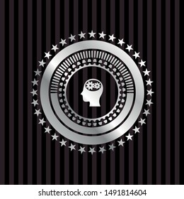 head with gears inside icon inside silvery emblem or badge