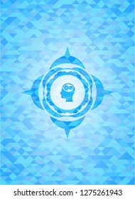 head with gears inside icon inside sky blue emblem with mosaic ecological style background