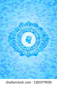 head with gears inside icon inside sky blue emblem. Mosaic background