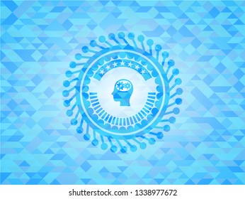 head with gears inside icon inside sky blue emblem with mosaic background