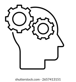 Kopf mit Zahnradliniensymbol. Denkprozess. Künstliche Intelligenz. Der menschliche Verstand als Zahnräder. Kreative Gehirnidee. Problemlösung und Innovation. Kognitive Funktionen. Vektorgrafik. 