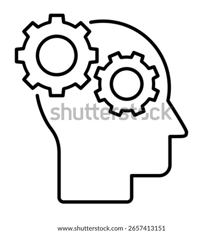 Head with gears line icon. Thinking process. Artificial intelligence. Human mind as cogwheels. Creative brain idea. Problem solving and innovation. Cognitive functions. Vector illustration. 