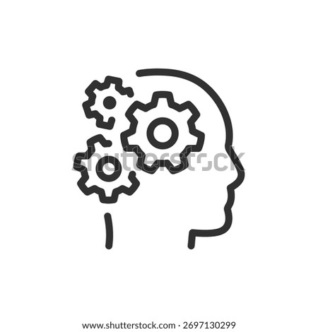 Head with gears, linear icon. Thinking process and mental work. Line with editable stroke.