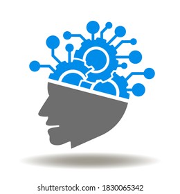 Head-Zahnräder Mechanismus Mikrochip Linie Symbol Vektorgrafik. AI Robot Automation Sign.