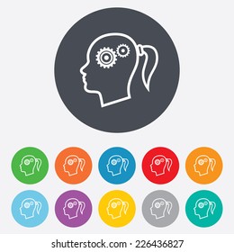 Head with gears sign icon. Female woman human head think symbol. Round colourful 11 buttons. Vector