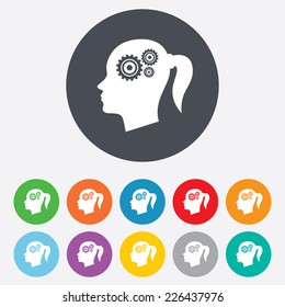 Head with gears sign icon. Female woman human head think symbol. Round colourful 11 buttons. Vector