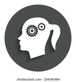 Head with gears sign icon. Female woman human head think symbol. Gray flat button with shadow. Modern UI website navigation. Vector