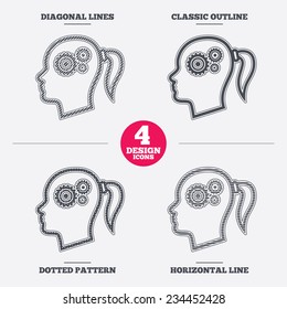 Head with gears sign icon. Female woman human head think symbol. Diagonal and horizontal lines, classic outline, dotted texture. Pattern design icons.  Vector