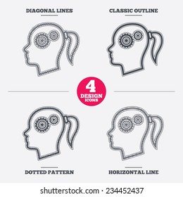 Head with gears sign icon. Female woman human head think symbol. Diagonal and horizontal lines, classic outline, dotted texture. Pattern design icons.  Vector