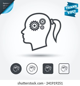 Head with gears sign icon. Female woman human head think symbol. Circle and square buttons. Flat design set. Thank you ribbon. Vector