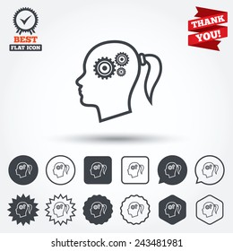 Head with gears sign icon. Female woman human head think symbol. Circle, star, speech bubble and square buttons. Award medal with check mark. Thank you ribbon. Vector