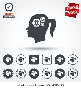 Head with gears sign icon. Female woman human head think symbol. Circle, star, speech bubble and square buttons. Award medal with check mark. Thank you ribbon. Vector