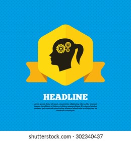 Head with gears sign icon. Female woman human head think symbol. Yellow label tag. Circles seamless pattern on back. Vector