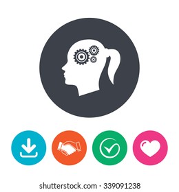 Head with gears sign icon. Female woman human head think symbol. Download arrow, handshake, tick and heart. Flat circle buttons.