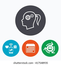 Head with gears sign icon. Female woman human head think symbol. Mobile payments, calendar and wifi icons. Bus shuttle.