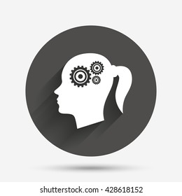 Head with gears sign icon. Female woman human head think symbol. Circle flat button with shadow. Vector