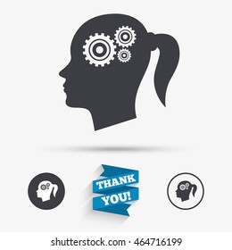 Head with gears sign icon. Female woman human head think symbol. Flat icons. Buttons with icons. Thank you ribbon. Vector